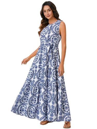 Image of Rooscier Women's Sleeveless Boho Maxi Dress | Halter Neck Print Tiered A Line Beach Dresses