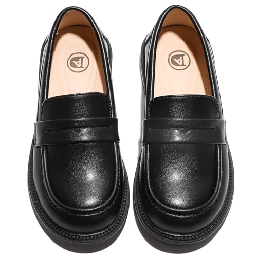 WUIWUIYU - WUIWUIYU Boys Girls Casual Slip-on Loafers Round-Toe Church Leather School Uniform Dress Shoes (Toddler/Little Kid/Big Kid) Black Size 1