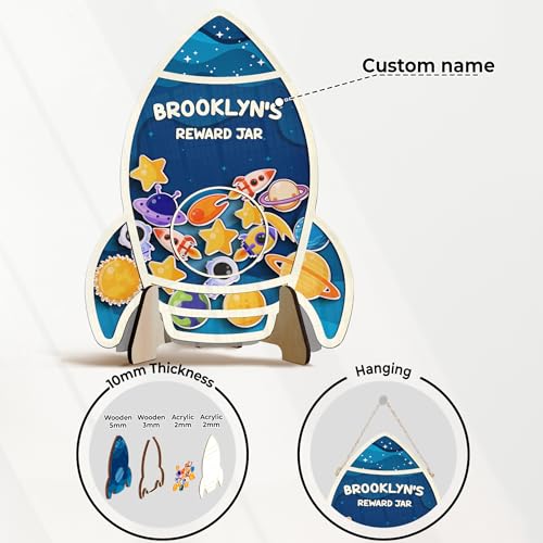 Image of Personalized Rocket Ship Magnetic Reward Jar for Kids, Toddler Reward System with Colorful Tokens, Potty Training & Good Behavior System, Back to School Gift for Boys Girls, Classroom Display Decor