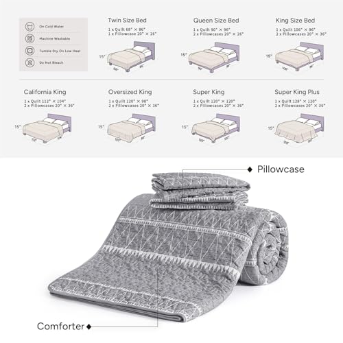 Image of Andency King Size Quilt Set Grey, 3 Pieces Boho Lightweight Soft Striped Bedspread for All Season (106 inchx96 inch), Gray Printed Bohemian Polyester Reversible Coverlet Comforter Sets