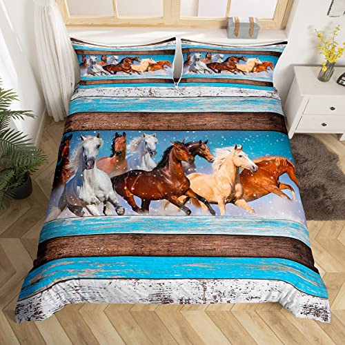 Manfei Galloping Horse Bed Set For Boys Girls,Farmhouse Style Wild Animal Comforter Cover For All Season,Vintage Barn Door Stripes Ultra Soft Bedding Set Quilt Cover Queen Size 3 Pieces #TOP21