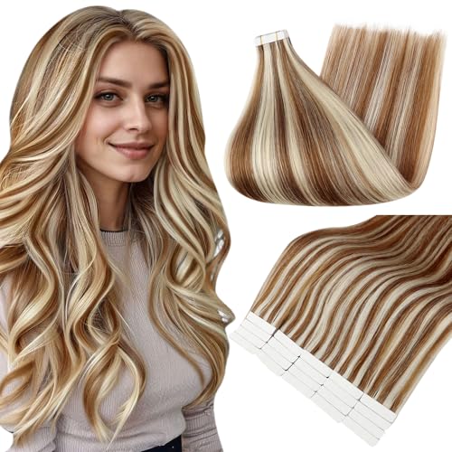 Image of Full Shine Human Hair Tape in Extensions, Ginger Blonde Mix 22 Inch | 50g 20PCS Invisible Double Sided Hair Extensions Tape in, Seamless Straight Bouncy Blowout Natural Styling Full Ends