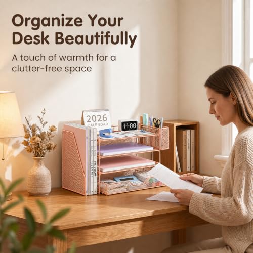 Image of OPNICE Desk Organizers and Accessories, 4-Tier Desktop File Organizer with Drawer and Pen Holders, Office Desk Accessories Workspace Organizers for Office Supplies (Rose Gold)