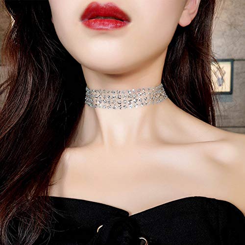 TseenYi Gargantilla ancha brillante con cadena brillante de circonita cúbica plateada, collar ajustable con forma de clavícula, collar de joyería para mujeres y niñas (plata)