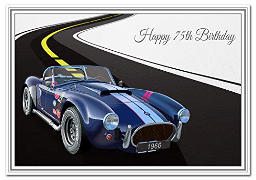 Birthday Card for 75th Birthday - Classic Car Vintage - Happy Best Wishes for him - Cool Unique Vector Art - Special Male Greeting - Blank Inside - Unusual Cobra - Made in UK