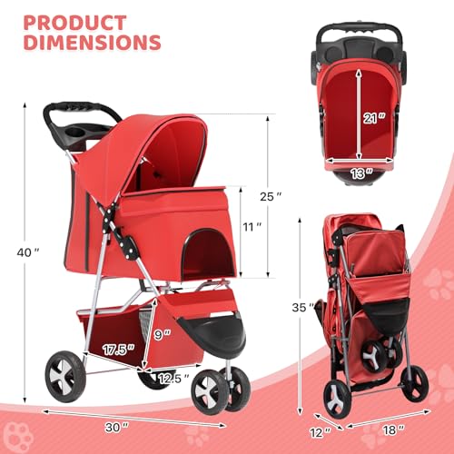 Image of Magshion 3-Wheel Pet Stroller, Foldable Travel Jogger for Small & Medium Dogs & Cats (Up to 33lbs), Lightweight Carrier with Breathable Mesh Cover, Cup Holder & Storage Basket, Red