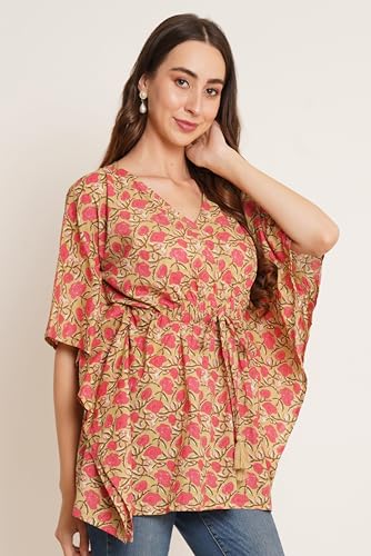 Image of COTLAND Fashions Jaipuri Cotton Kimono Sleeves Printed Longline Kaftan Top for Women