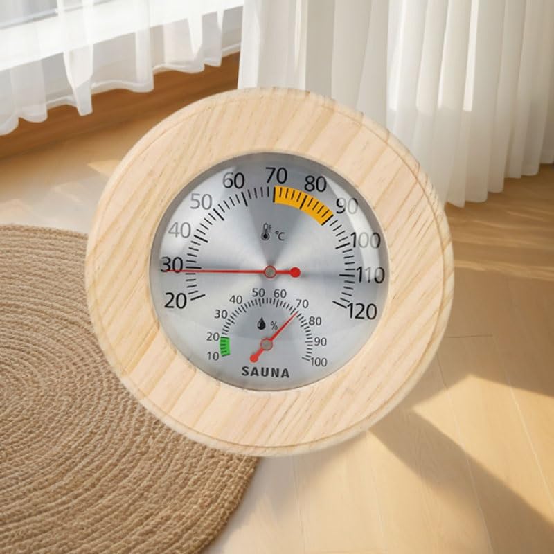 Round Indoor Temperature Humidity Meter with Wooden Outer Frame for Home Bathrooms