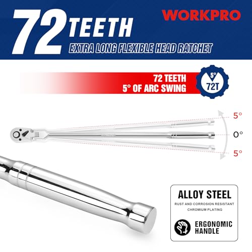 Image of WORKPRO 3 /8 inch Drive Extra Long Flex Head Ratchet, 18 Inch Reach Quick Release CR-V Steel Ratchet Handle, CR-MO Head, Reversible Design, 72-Tooth
