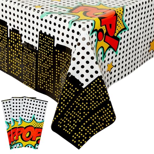 Image of BLUE PANDA 3-Pack (3 Tablecloths) Comic Book Party Decorations Tablecloths | Disposable Plastic Superhero Table Covers | Waterproof Spill Protection Birthday Party Supplies for Boys - 54x108 in