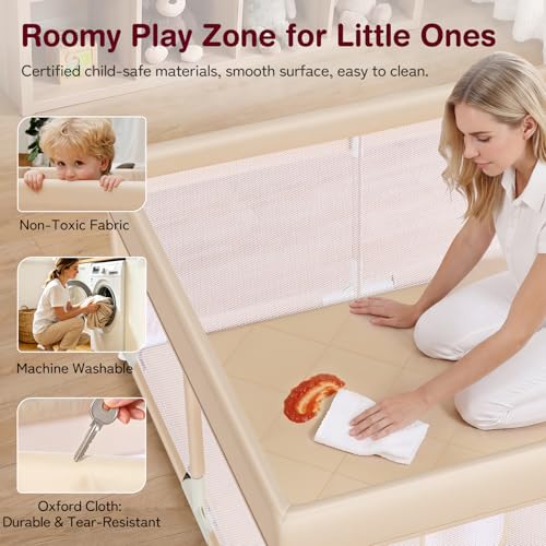 Image of Kidirect Baby Playpen with Play Mat 47x47 - Small Playpen for Babies & Toddlers, Activity Center, Indoor Outdoor, Beige