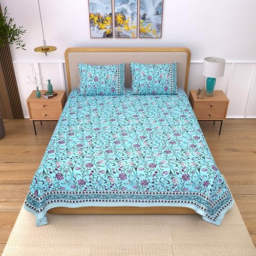 Image of India 100% Pure Cotton Jaipuri Printed Double Bedsheet with 2 Pillow Covers | Traditional Sanganeri Floral Design | Soft Breathable Fabric | King Size Bedsheet for Bedroom (Kaya45)