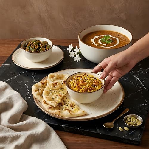 Image of Miah Decor Ceramic Dinner Set - 14-Piece Handmade Stoneware | 4 Bowls, 4 Quarter Plates, 4 Dinner Plates & 2 Serving Bowls | Off White Ribbed Matte Finish | Microwave & Dishwasher Safe | Ideal Gift