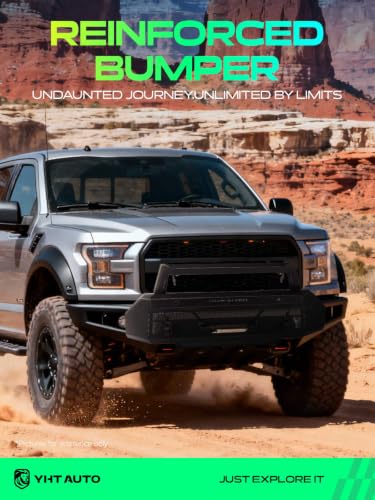 Image of YHTAUTO Bull Bar Push Bar with Skid Plate Light Mount Fit Ford F-150 2015-2017, Carbon Steel Brush Guard for Truck Front Bumper Textured Black Off Road Accessories