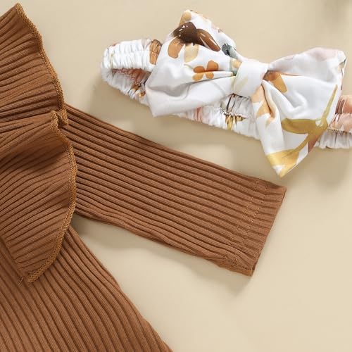 Baby Girl Fall Winter Clothes Ruffle Ribbed Romper Floral Pants Set With Fat Headband Newborn Going Home Outfit3