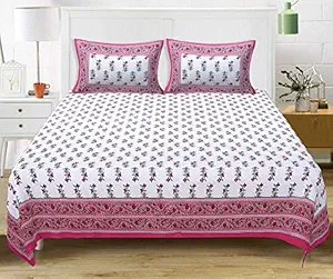 Urbano Homz Double Bedsheet with Two Pillow Covers | Bedspread for King Size Bed |Bedsheet for King Size Bed | King Size Bedsheets | Bedsheet for Double Bed |Jaipuri Bedsheets for Double Bed King Size | Bedsheet for King Size Bed , 9 ft x 7.5 ft (King, Pink and White)