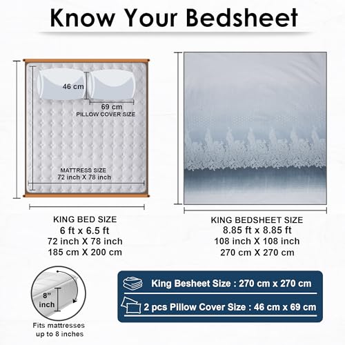 Image of Story@Home Luxe Sateen Weave Compact Yarn Bedsheet King 108 x 108 Inches Motif 300 TC 100% Cotton Soft Flat Sheet with 2 Pillow Covers 18 x 27 Inch -Winter Sky Ombre-Gift Packaging