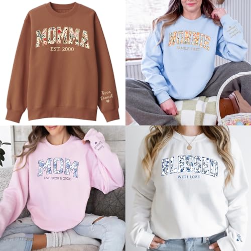 Custom Embroidered Sweatshirt with Floral Applique – Personalized Mama, Mom, Grandma, Auntie, Besties Sweatshirts – Add Custom Text on Sleeve – Mother’s Day4