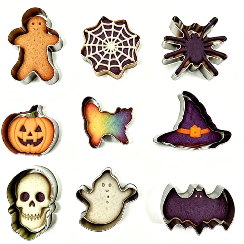 Halloween Cookie Cutters Set, 9 Piece Stainless Steel Metal Cookie Cutter Shapes - Pumpkin, Ghost, Bat, Black Cat, Witch Hat, Skull & Spider Web Molds for Holiday Baking, Fondant & Kids Party