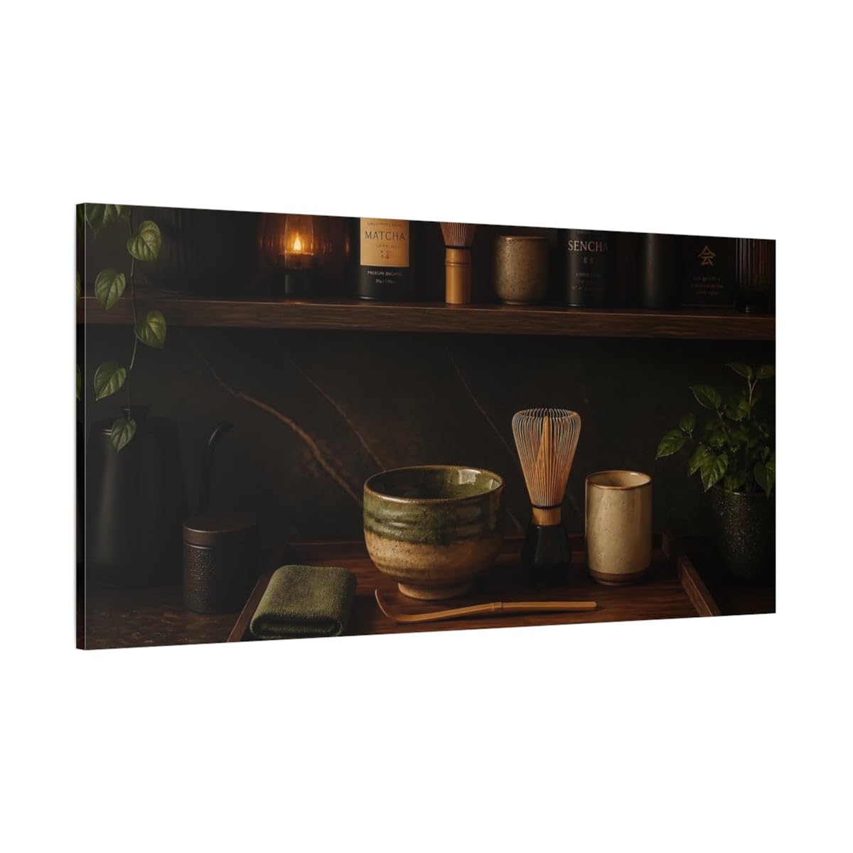 Matcha Tea Tray Canvas Print – Kitchen, Dining Area Wall, Earthy Brown & Green 48×24 inch (120×60 cm) - Horizontal / 1.25 inch (3 cm)