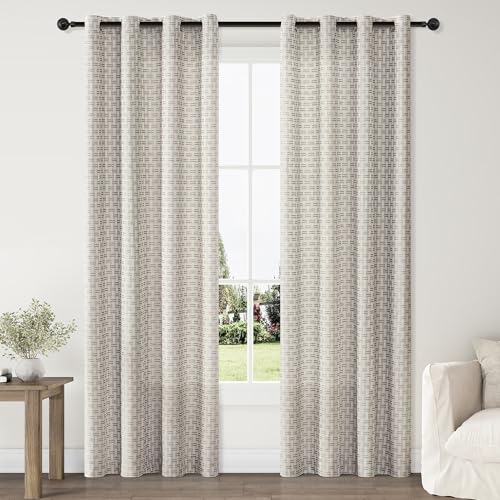 ChrisDowa Semi Sheer Linen Beige Gray Curtains 84 Inches Long 2 Panels for Living Room Dining Room Vintage Plaid Jacquard Light Filtering Voile Grommet Window Treatments Drapes Privacy Assured,52X84