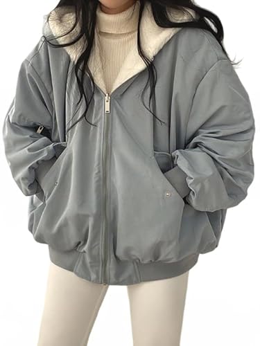 EMMIOL Womens Winter Coats Hooded Fleece Puffer Reversible Long Sleeve Oversized Full Zipper Warm Jackets, Blue, L