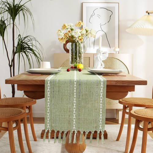 Wracra Hemstitch Cotton Linen Table Runner Farmhouse Style Sage Green Table Runner 150cm Long with Hand-tassels for Dining Kitchen Party and Dessert Table Decor(Sage Green