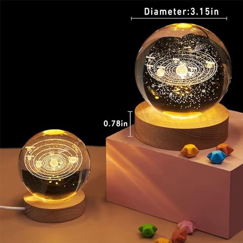 Image of 3D Galaxy Crystal Ball Night Light | Dimmable Engraved LED Glass Ball Table Lamp with USB and Wooden Base for Home Decor, Office, Birthday Gift & Kids Bedroom (Planet)