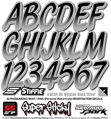 Image of STIFFIE Whipline Black /Silver Super Sticky 3 inch Alpha Numeric Registration Identification Numbers Stickers Decals for Sea-Doo Spark, Inflatable Boats, Ribs, Hypalon /PVC, PWC and Boats.