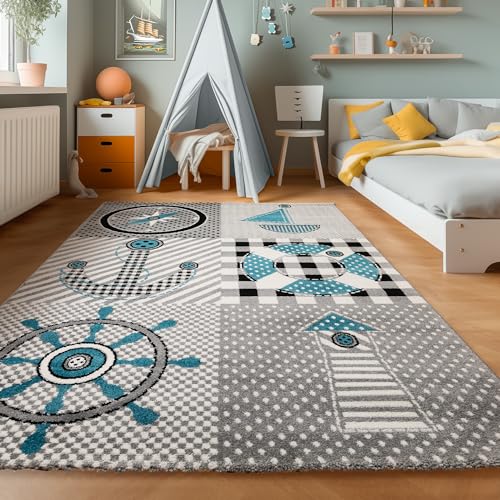 SIMPEX KinderTeppich, Piraten-Design, Teppich Grau, 120 cm Rund, Teppich für Kinder, Teppich...