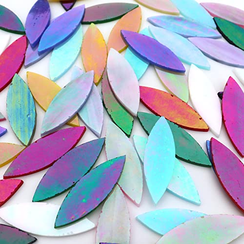 Litmind 50 Pcs Iridescent Glass Large Petals Mosaic Tiles For Crafts, 2" X 0.63" Hand Cut Stained Glass Leaves Pieces, Rainbow Glass Flowers Mosaic Making Supplies #TOP5