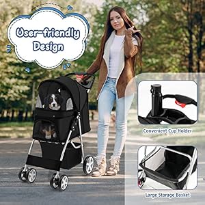 PETSITE Folding Dog Stroller, Pet Stroller for Small Medium Dogs & Cats, 4 Wheels Dog Stroller Travel Carrier with Storage Basket & Cup Holder PETSITE Folding Dog Stroller, Pet Stroller for Small Medium Dogs & Cats, 4 Wheels Dog Stroller Travel Carrier with Storage Basket & Cup Holder