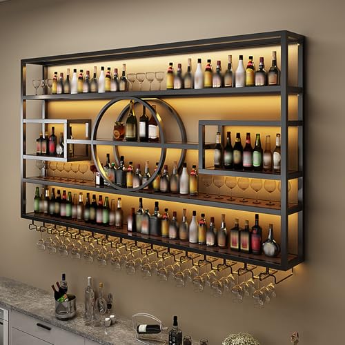 Image of 47in Wine Rack Wall Mounted, Large Capacity Hanging Wine Bottles Display Shelf with Glasses Holder, 4 Tier Industrial Bar Liquor Storage Shelves for Home Bar Kitchen,Living Room (Gold, 47in /120cm)