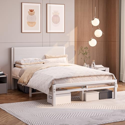 Bett 120x200 mit Lattenrost,Bettgestell Metallbett 120x200 cm mit Kopfteil,Bettrahmen aus Metall-27cm Hoch,Doppelbett Gästebett Jugendbett KeinBoxspringbett mit Stauraum,Weiß – Bild 8