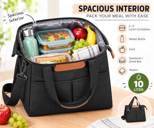 Image of Insulated Lunch Bag Leakproof Tote for Work, School, Travel, and Picnics Perfect for Women and Men(Black) Nylon, 16.2 Liters (Black 10 Litter)