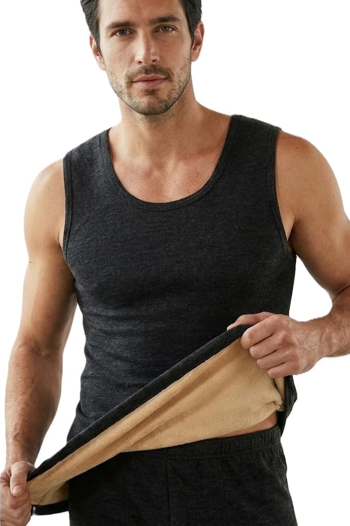 Large Men's Thermal Fleece Lined Tank Top Thick Fleece Lined Base Layer Shirts Winter Sleeveless Vest Outdoor Tops Cami Cold Weather Ultra-Warm Black