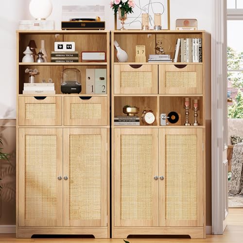 Image of Iwell Tall Storage Cabinet, Rattan Cabinet with 2 Drawers & Adjustable Shelf, Kitchen Pantry Storage Cabient, Entryway Cabinet for Living Room, Dining Room, Home Office, Natural