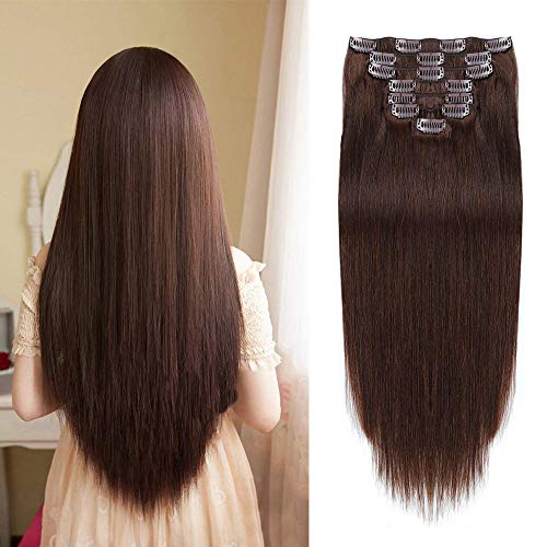 Clip in Human Hair Extensions,Full Head 18" Premium Quality 7Pcs 16Clips Soft Silky Straight 100% Remy Human Hair Clip Ins #2 Dark Brown