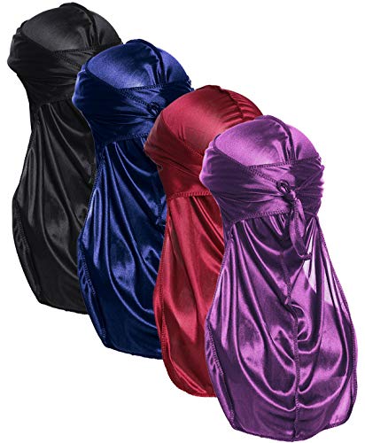 Silk Durag for Men Waves Silky Extra Long Tail Wide Straps Designer Du-rag Do Rags for Waver (Durag Silk-Black+Blue+Wine+Purple,4 Pair)