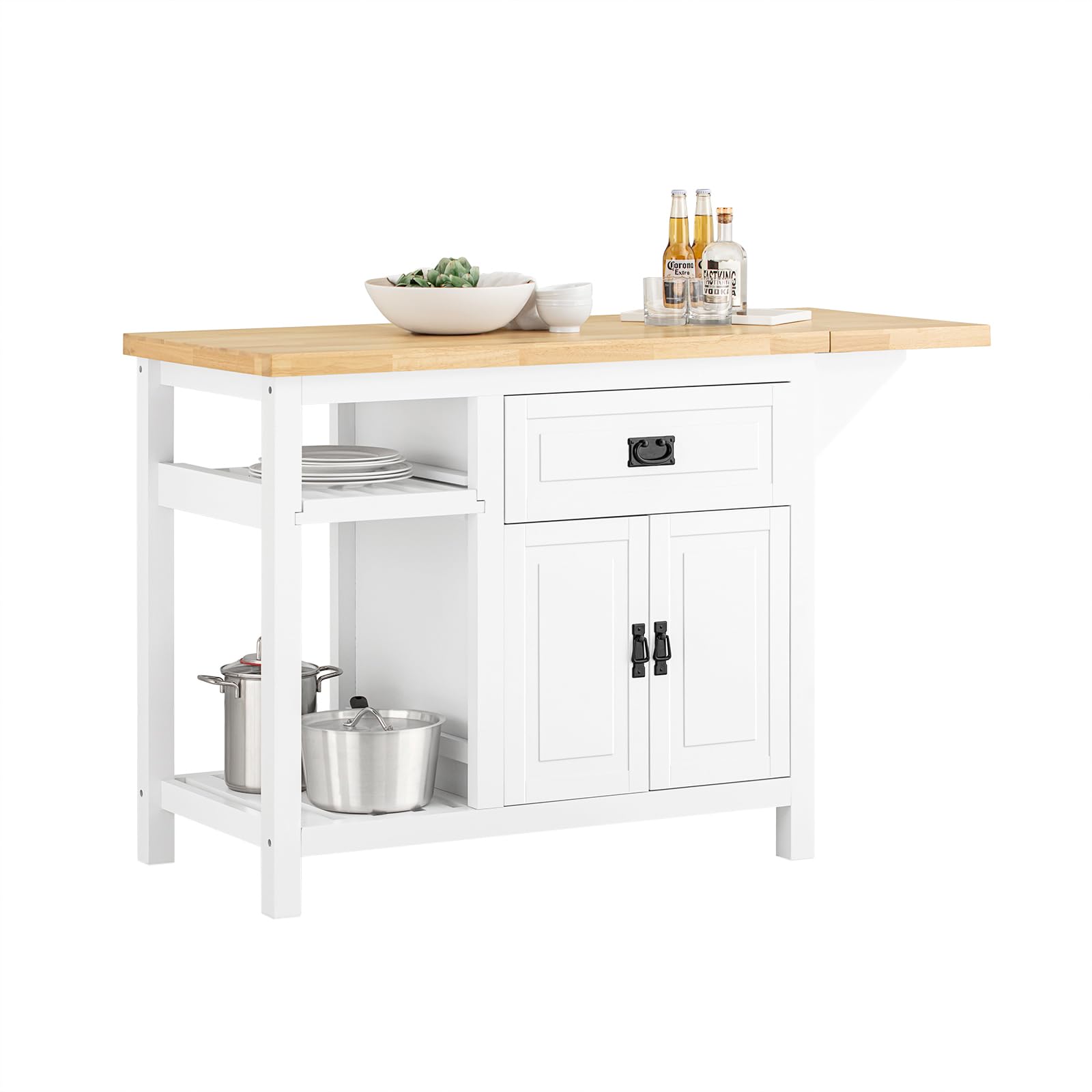 SoBuy KNL06-WN Kücheninsel mit erweiterbarer Arbeitsfläche freistehend Küchenschrank Highborad Kommode Sideboard Bartisch Esstisch Buffet Weiß-Natur BHT ca. 110-145x95x60cm
