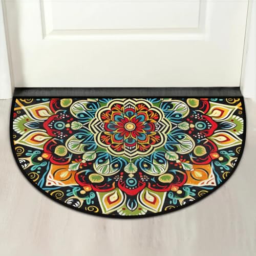 Image of Half Round Door Mat Ethnic Flower Colorful Mandala Non-Slip Semi Circle Area Rug Washable Half Moon Hearth Rugs for Indoor Outdoor Bathroom Kitchen Patio Runner Mat Laundry Room Home Decoration