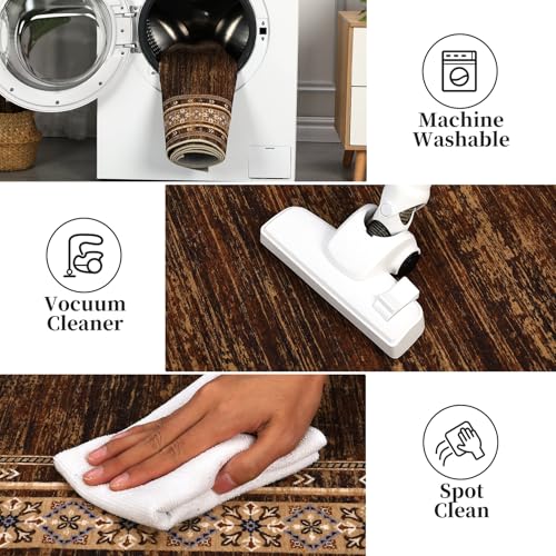 GlowSol Modern Washable Rug 8x10 Rug Bordered Solid Brown Rugs for Living Room Non-Shedding Stain Resistant Large Rug Washable Neutral Rug Non-Slip Bedroom Throw Carpet for Apartment Farmhouse