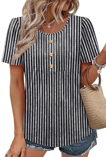 Image of Womens Tops Dressy Casual Blouses Short Sleeve Shirts Plus Size Fashion Clothing Spring Summer Outfits Button Pleated Front