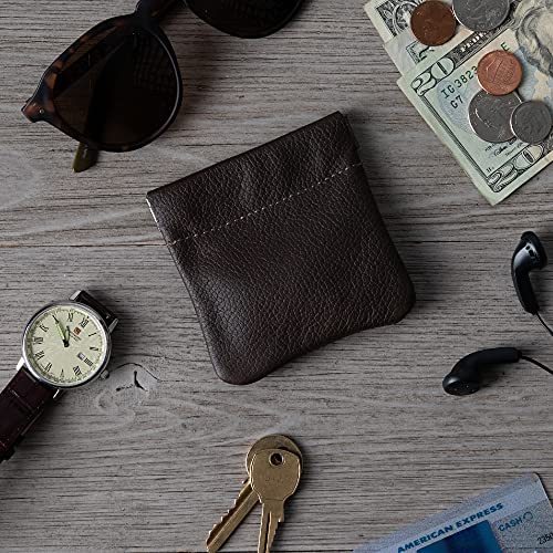 Image of Classic Leather Squeeze Coin Purse change Holder For Men, Pouch size 3.5 in X 3.25 in. high, Brown