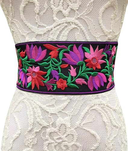 FANFAN Traditional Mexican Embroidery Belt for Women - Floral Adjustable Waist Sash with Tassels Folk Art Accessories E10