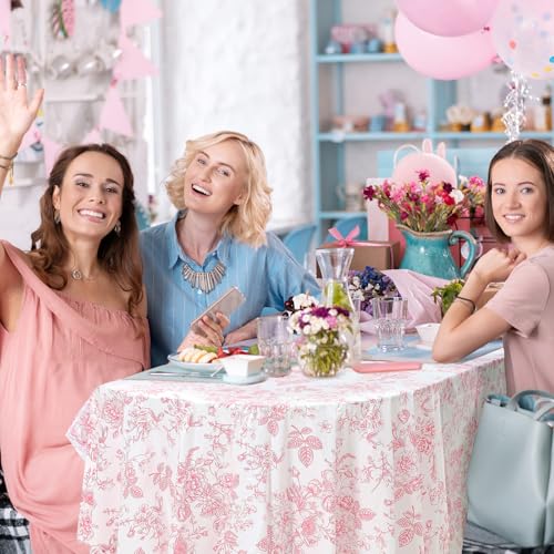Image of Ganeen 6 Pcs Pink Floral Plastic Tablecloth 84 Inch Round Vintage Floral Tablecloth Disposable Round Flower Waterproof Table Covers for Birthday Wedding Baby Shower Picnic Dinner Party Decoration