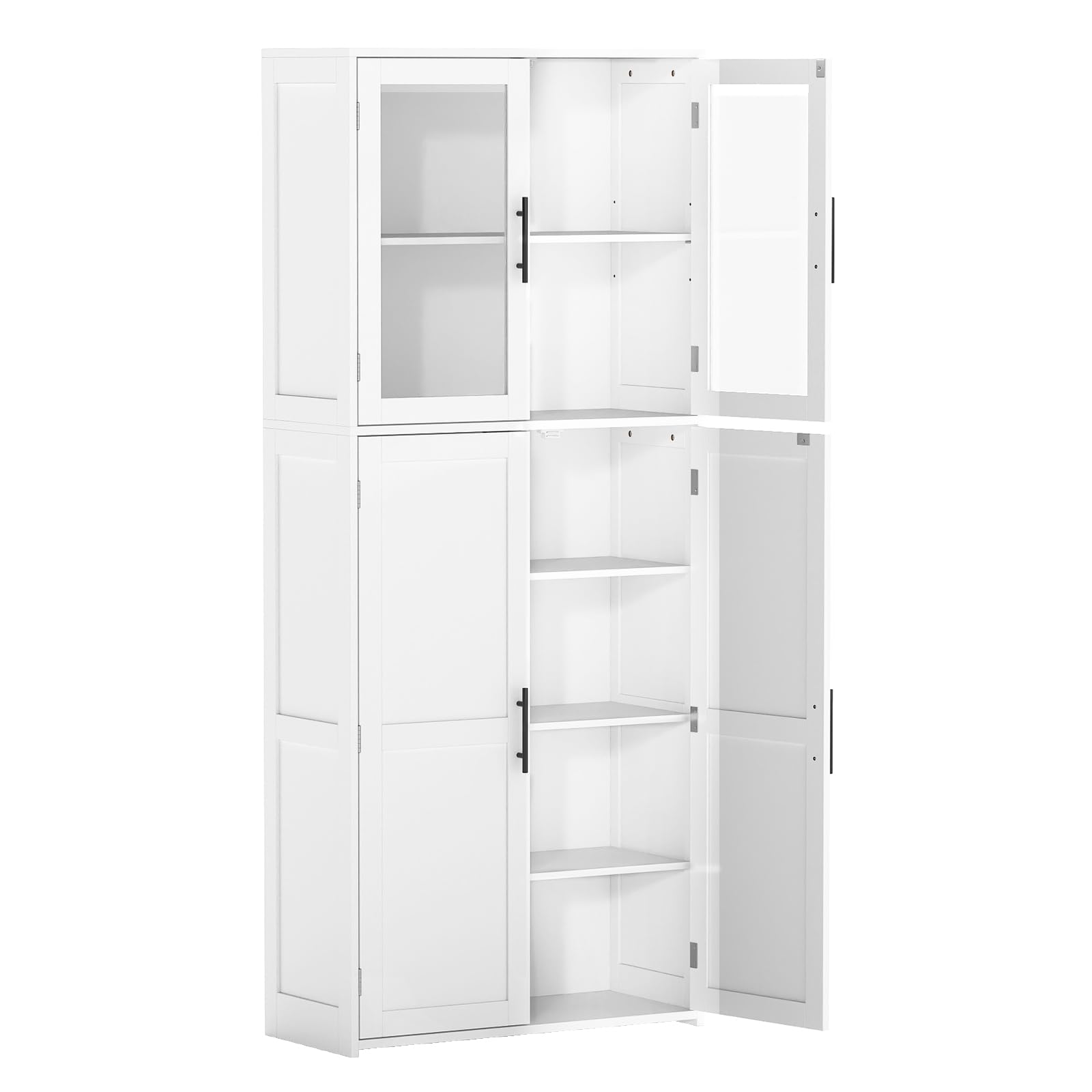 GiantexUK Tall Kitchen Cupboard, 168cm Freestanding Storage Cabinet with Tempered Glass Doors & Adjustable Shelf, Wooden Utility Cabinet for Dining Living Room Bathroom (White)