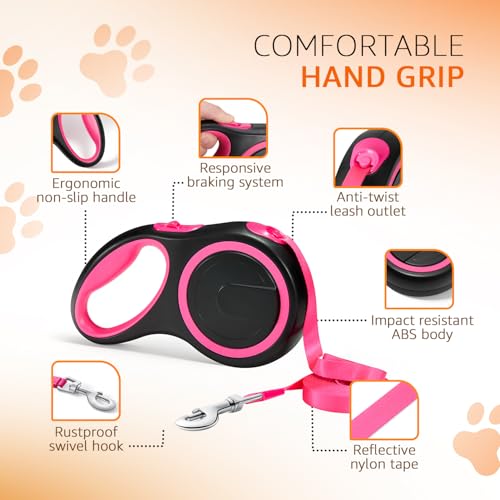 Image of Amazon Basics Retractable Dog Leash | 5 Meter | for Large Dogs Up to 50 Kg | Heavy Duty Leash for Pets | Strong Nylon Tape, Anti-Slip Handle, Built in Spring, One-Click Brake Pause | Pink