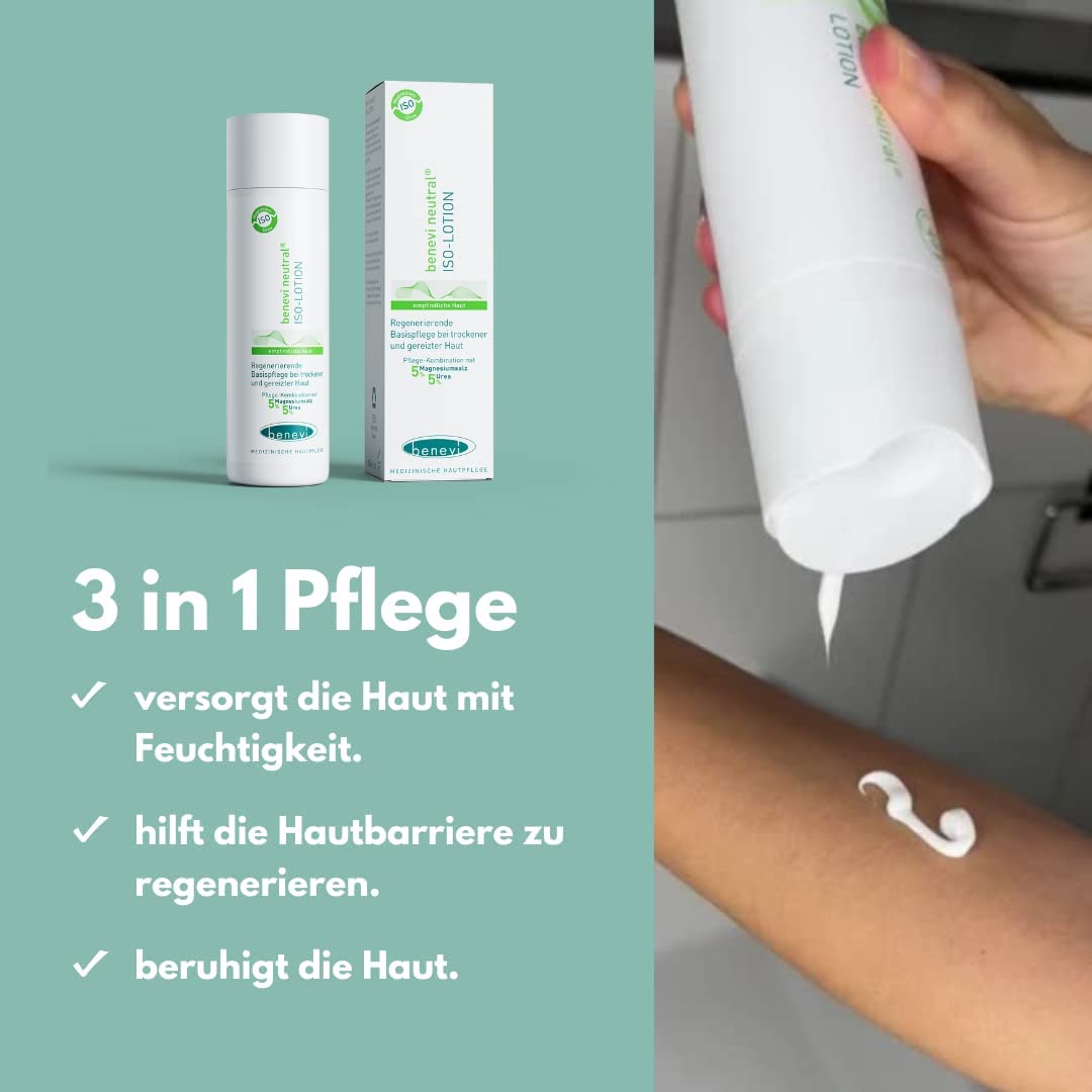 benevi neutral ISO-Lotion 200ml. Bodylotion für sehr trockene, rissige, empfindliche, juckende und schuppende Haut, hinterlässt angenehmen, pflegenden Schutzfilm.