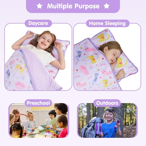 Image of Viviland Toddler Kid Nap Mat for Preschool, Girls Purple Cat Slumber Bag, Daycare Sleeping Bag with Pillow and Blanket, Kindergarten Sleep Mat